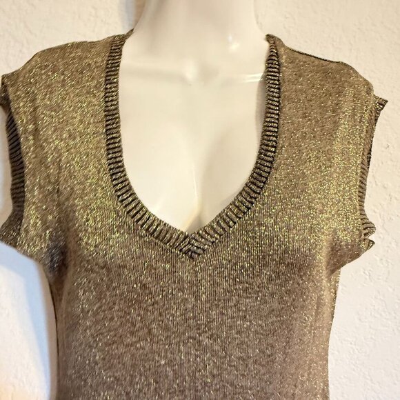 dots brand Gold Metallic Knit V-Neck Sleeveless Tunic Top With Studded Hemline S - Picture 3 of 9